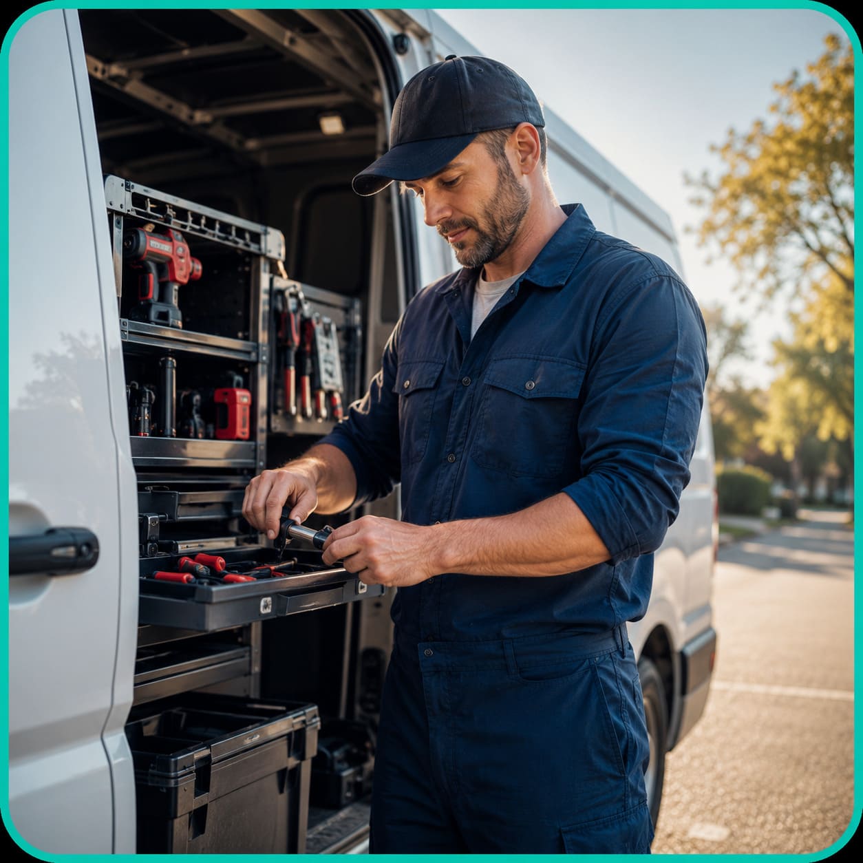 Independent service provider organizing professional tools beside a work van.