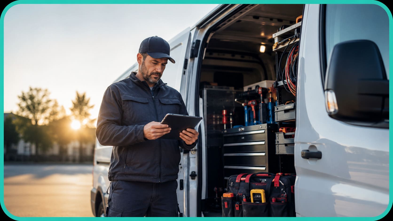 Independent service professional reviewing potential service jobs beside a fully equipped work van.